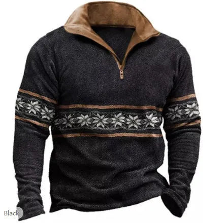 Men's loose fit long sleeve t-shirt with retro colour printing and zipper decorations on textured fabric.