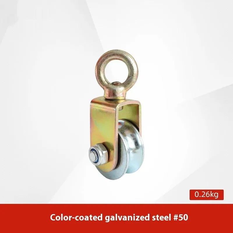 Red industrial lifting pulley with safety latch and forged steel construction