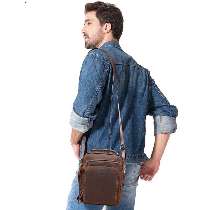 Men's brown crazy horse leather single-shoulder crossbody bag with sewing line detailing