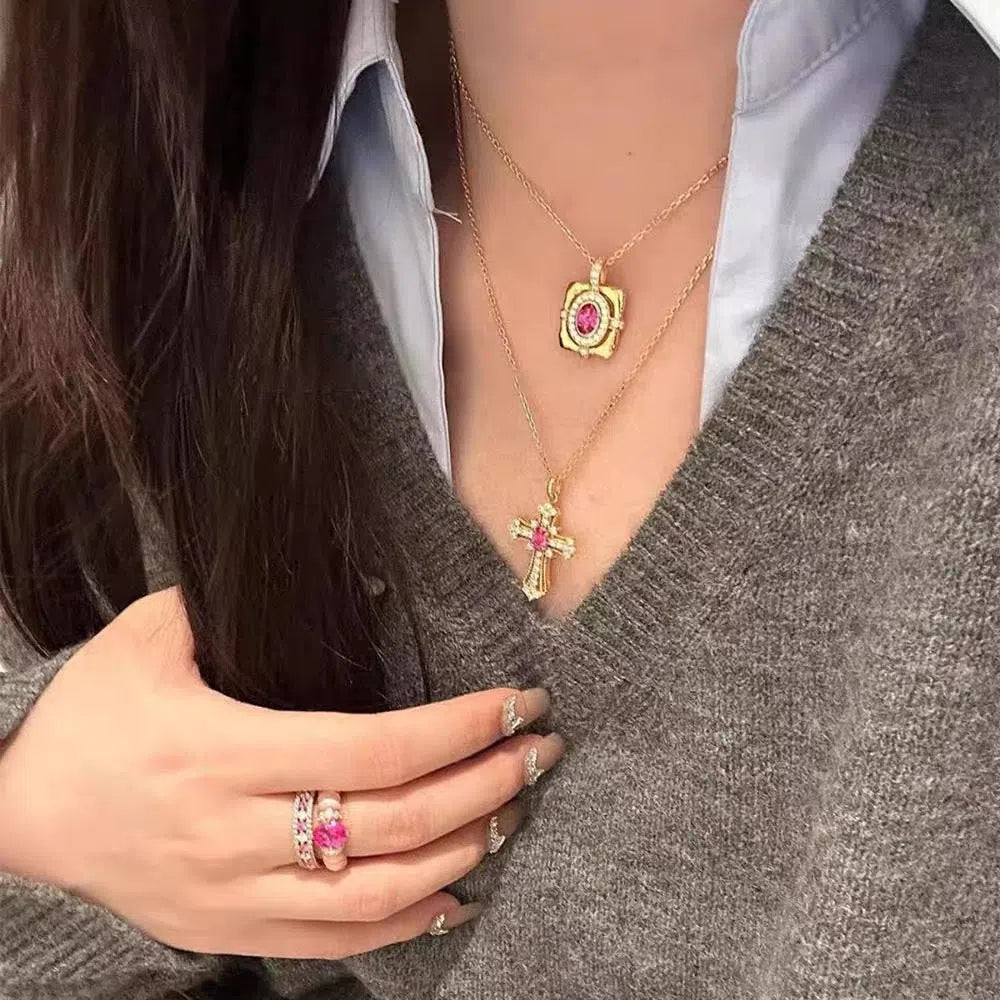 French retro court-style red corundum square pendant necklace with copper bamboo chain for women
