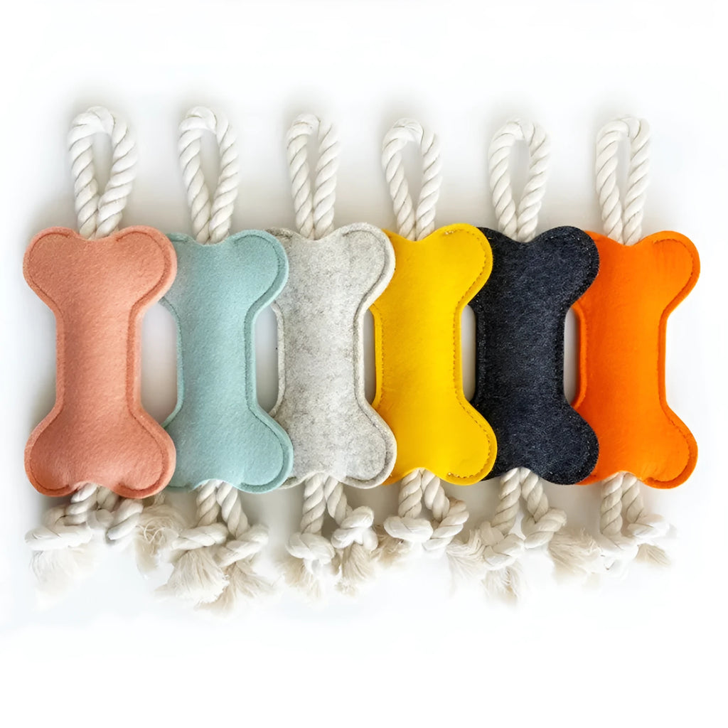 Bone-shaped felt dog toy with rope knot construction, showing black colour option