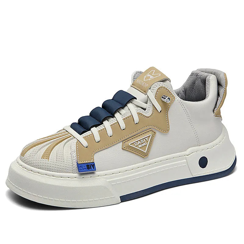 Men's beige low-top casual slip-on shoes with elastic band and leather stitching.
