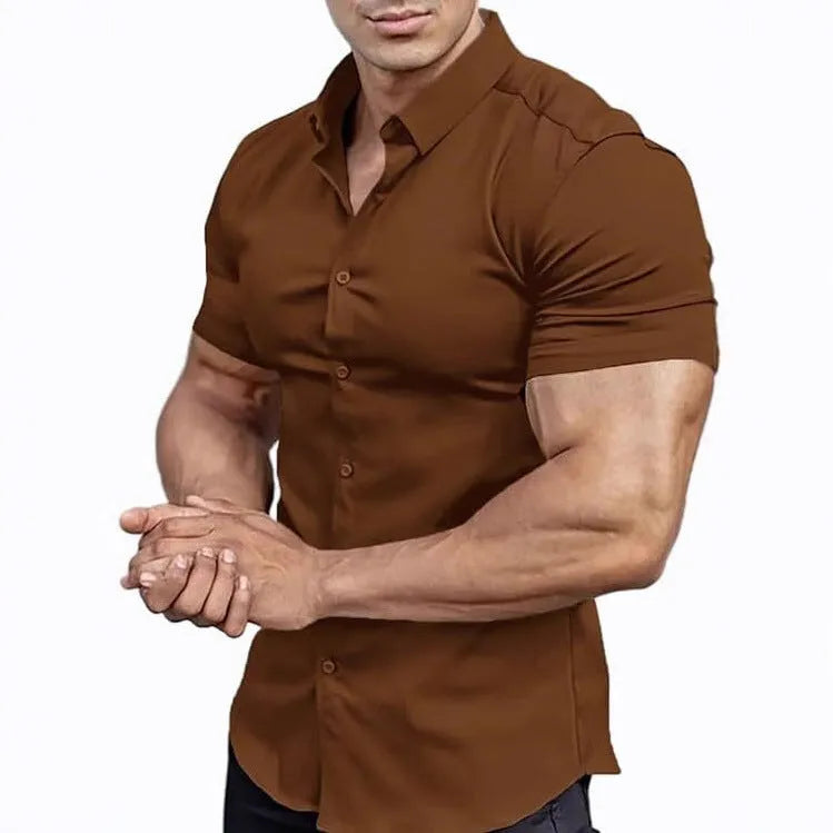 Men's short sleeve printed casual shirt in polyester with collar and cardigan style