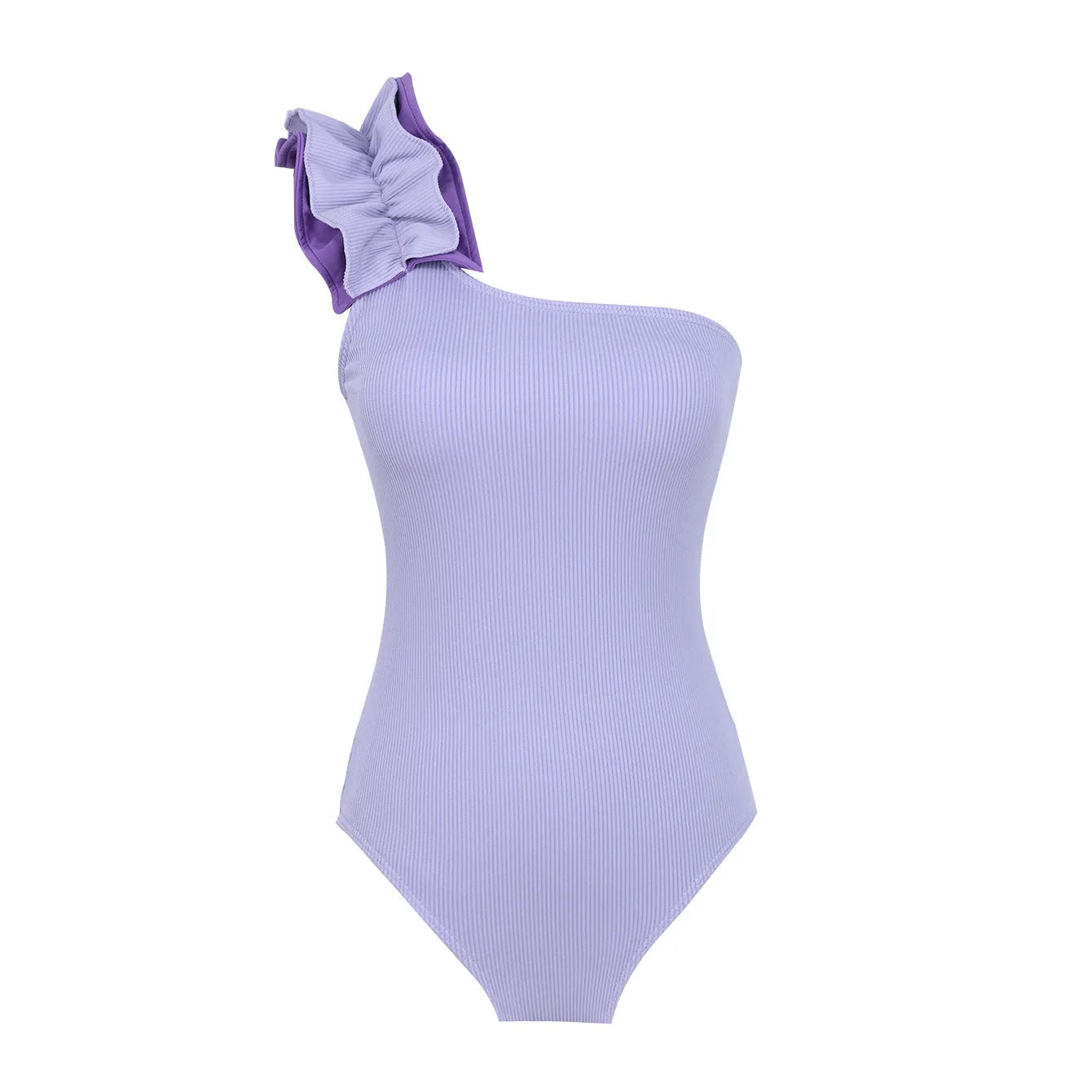 Women's single-shoulder tube top one-piece swimsuit with high waist in solid colour.