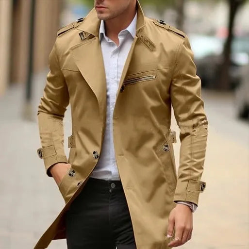 Men's solid colour mid-length lapel casual jacket with side pockets
