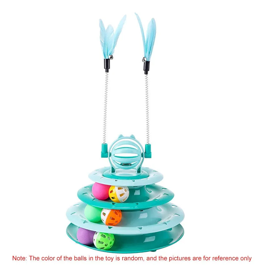 Blue 4-tier interactive cat puzzle toy with balls and teasing rods on a non-slip base.