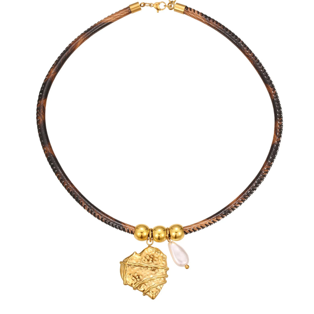 Geometric leopard pendant necklace on adjustable chain with 18K gold electroplated finish