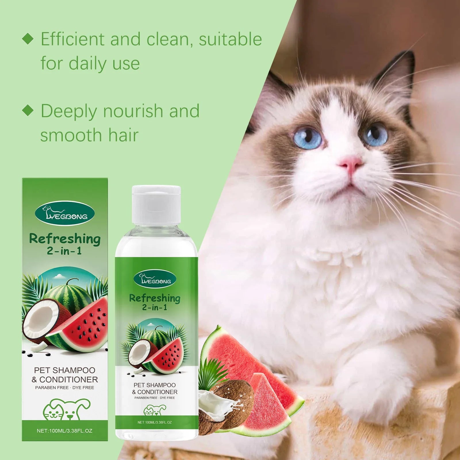 100ml bottle of 2-in-1 pet shampoo and shower gel with a gentle, sulphate-free formula for dogs and cats.