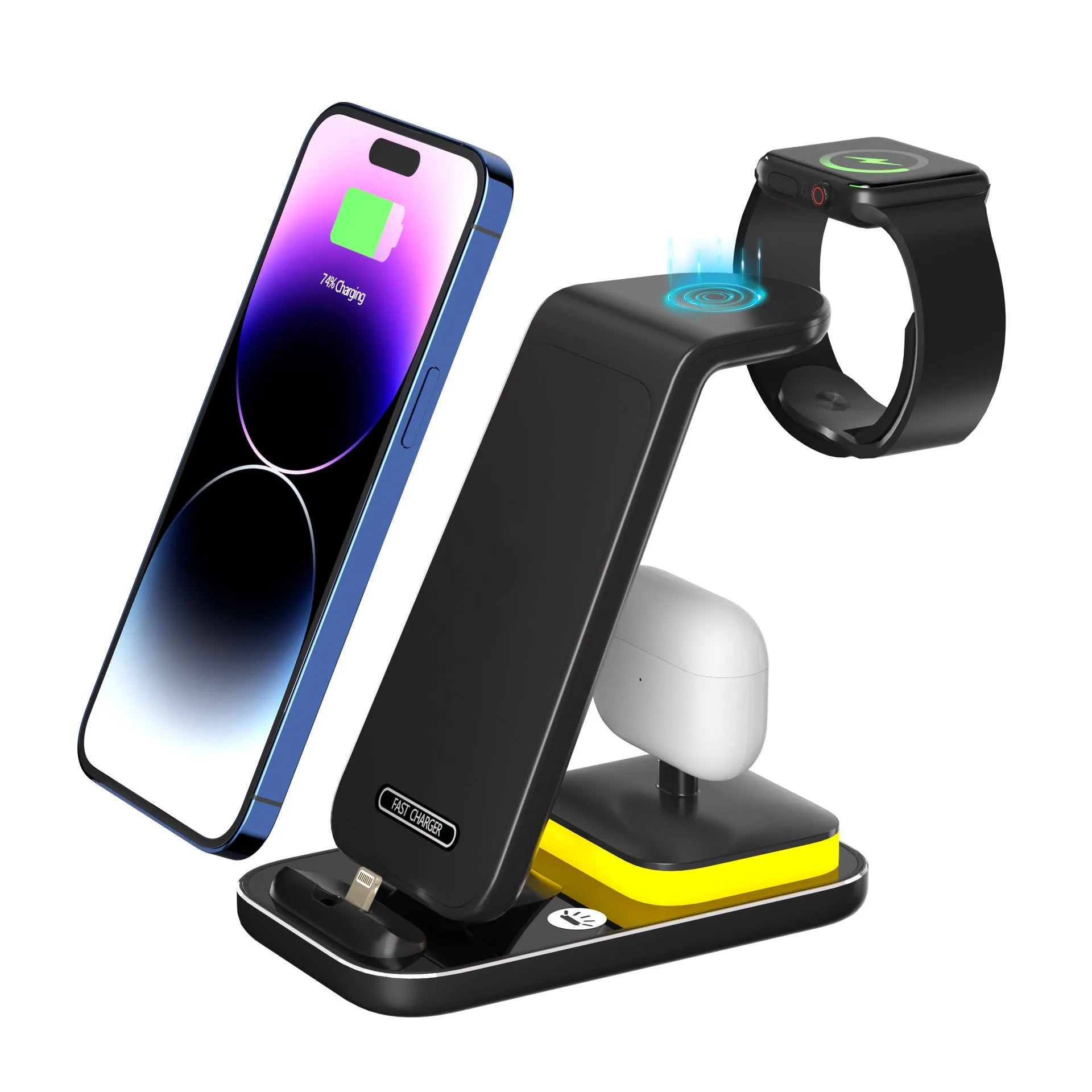 Black vertical wireless charging stand holding a mobile phone, with separate charging pads for an Apple Watch and wireless earbuds.