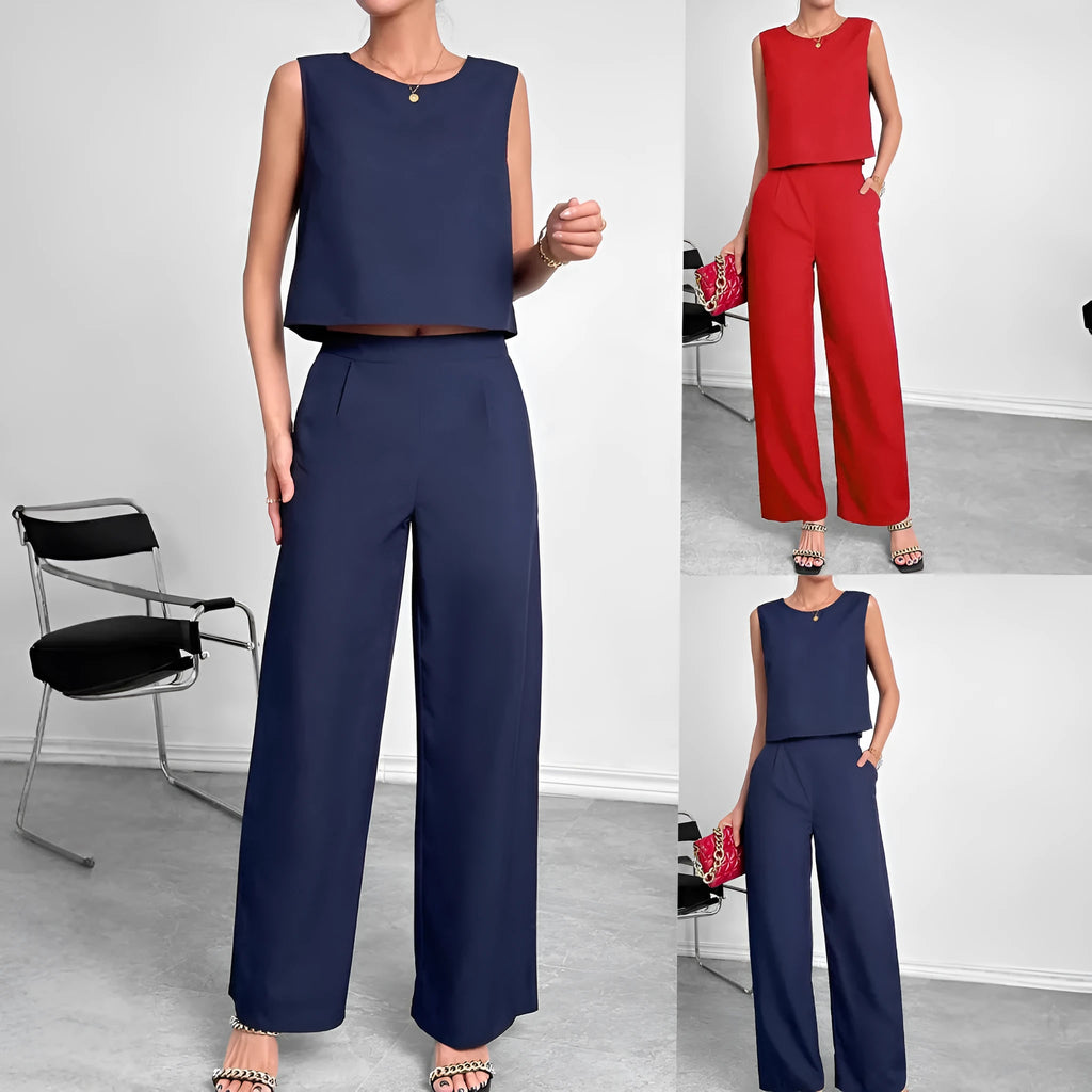 Red sleeveless top and wide leg pants two-piece set on a hanger.