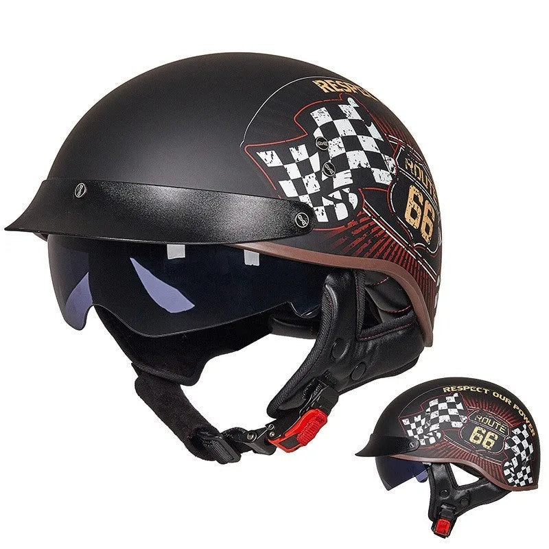 Vintage motorcycle helmet with ABS shell, EPS liner, quick release buckle, and UV protection glasses in black