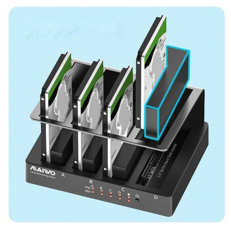 Four bay external hard drive enclosure for 2.5 inch SATA drives with cables
