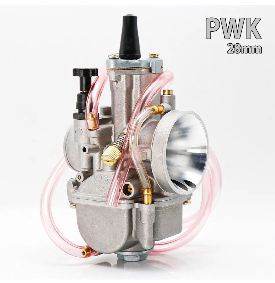 PWK sandblasting motorcycle carburetor for performance modification, shown in multiple bore sizes.