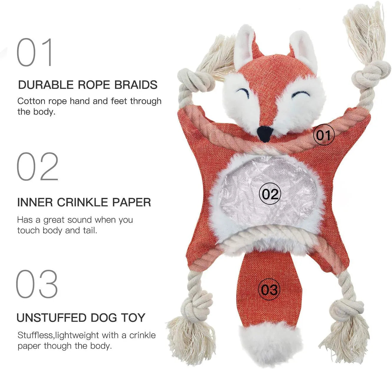 Brown stuffless plush fox dog toy with embroidered eyes, cotton rope arms and legs