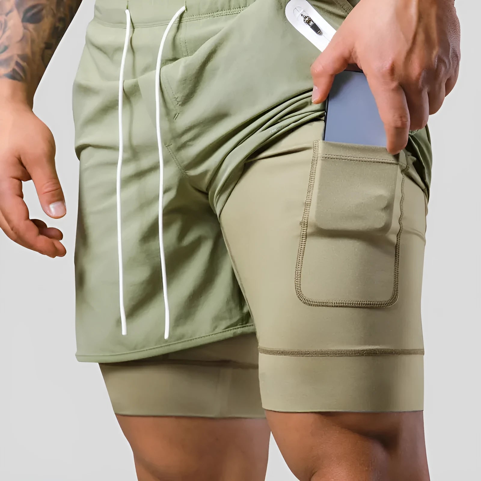 Men's double layer running shorts in light slate green with polyester lining, Asian sizes M-XXXL