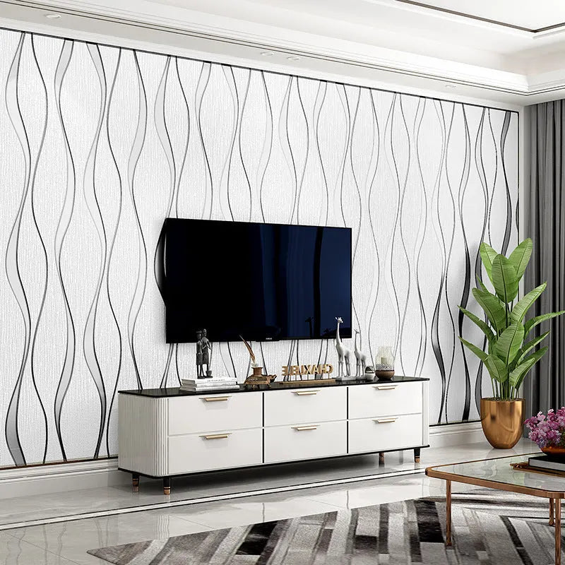 Close-up of light grey 3D stripe wallpaper with thick deerskin velvet texture on a non-woven base.