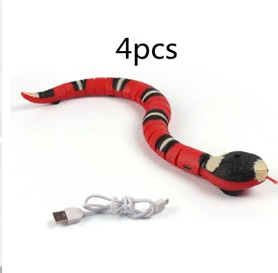 Smart sensing interactive snake cat toy with segmented plastic body and USB charging
