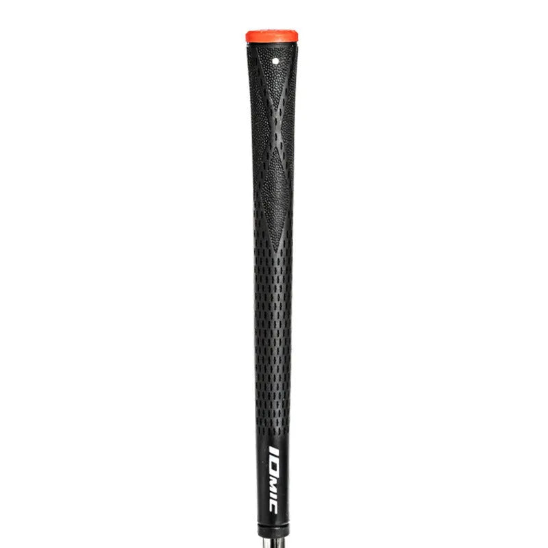 TPE golf club grip in assorted colours including pink, red, and black with blue head on a club shaft.
