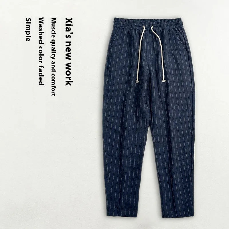 Cotton and linen men's summer thin casual striped cropped pants, khaki stripe colour, side view