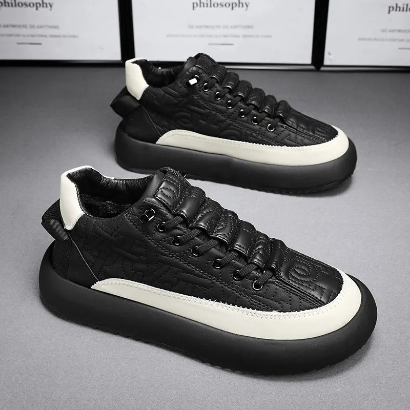 Mens black and orange leather sports casual board shoes with synthetic PU upper, PVC sole, and elastic band slip-on style
