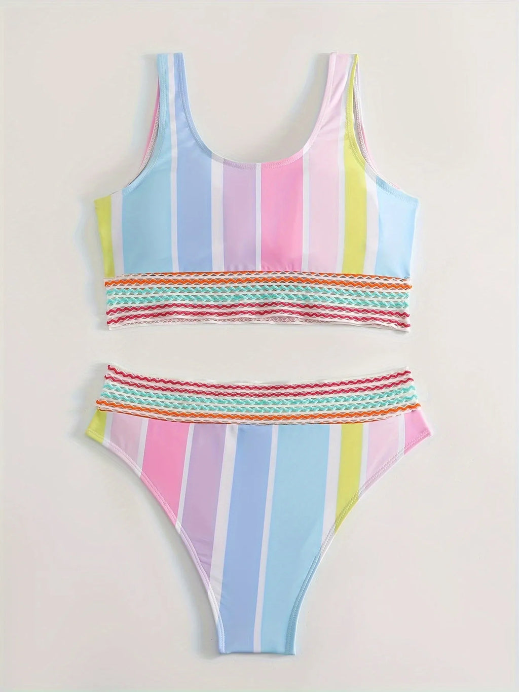 Women's striped bikini top and briefs in picture colour, laid flat to show pattern and style.