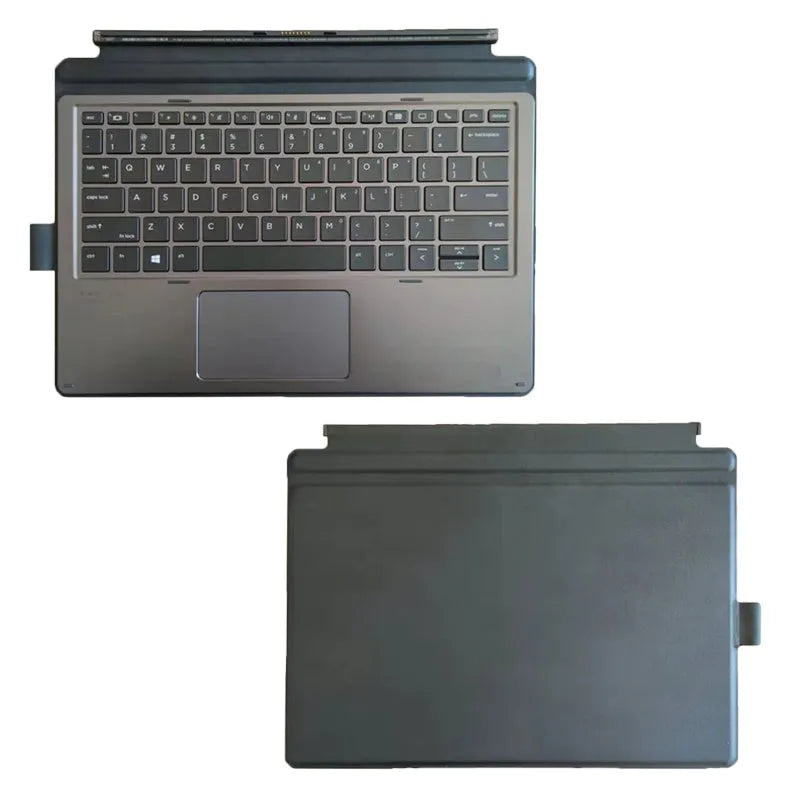 Slim wireless keyboard attached to an Elite X2 tablet, showing ergonomic tilt and multimedia function keys.