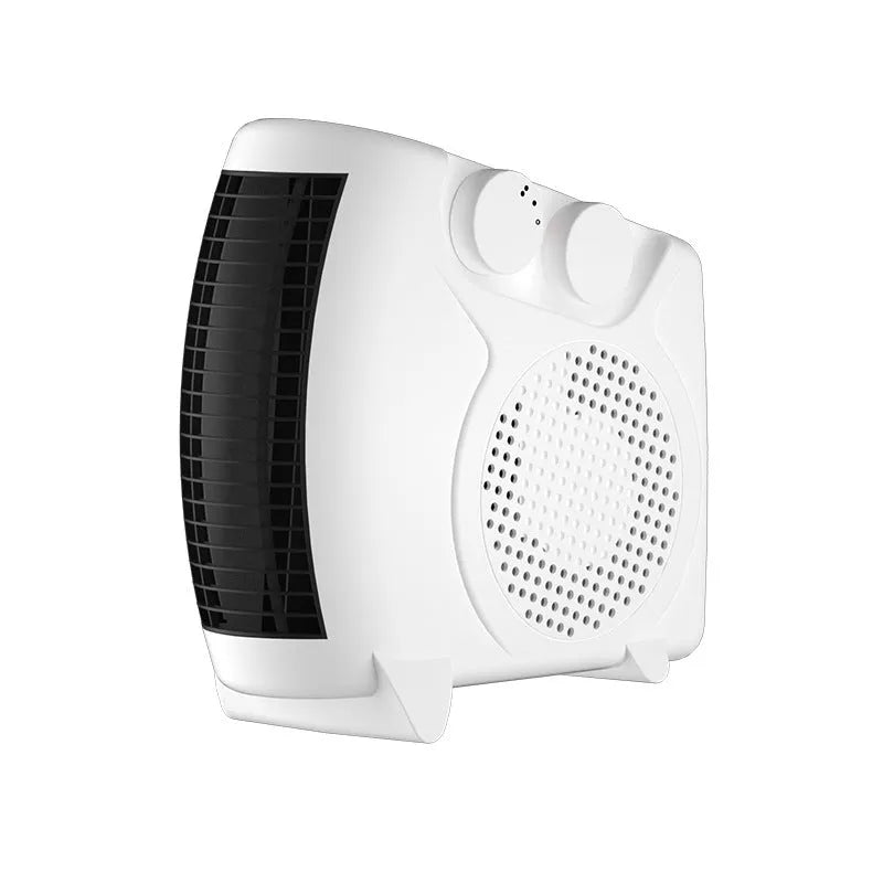 Small white portable electric heater with control dials on a desktop.