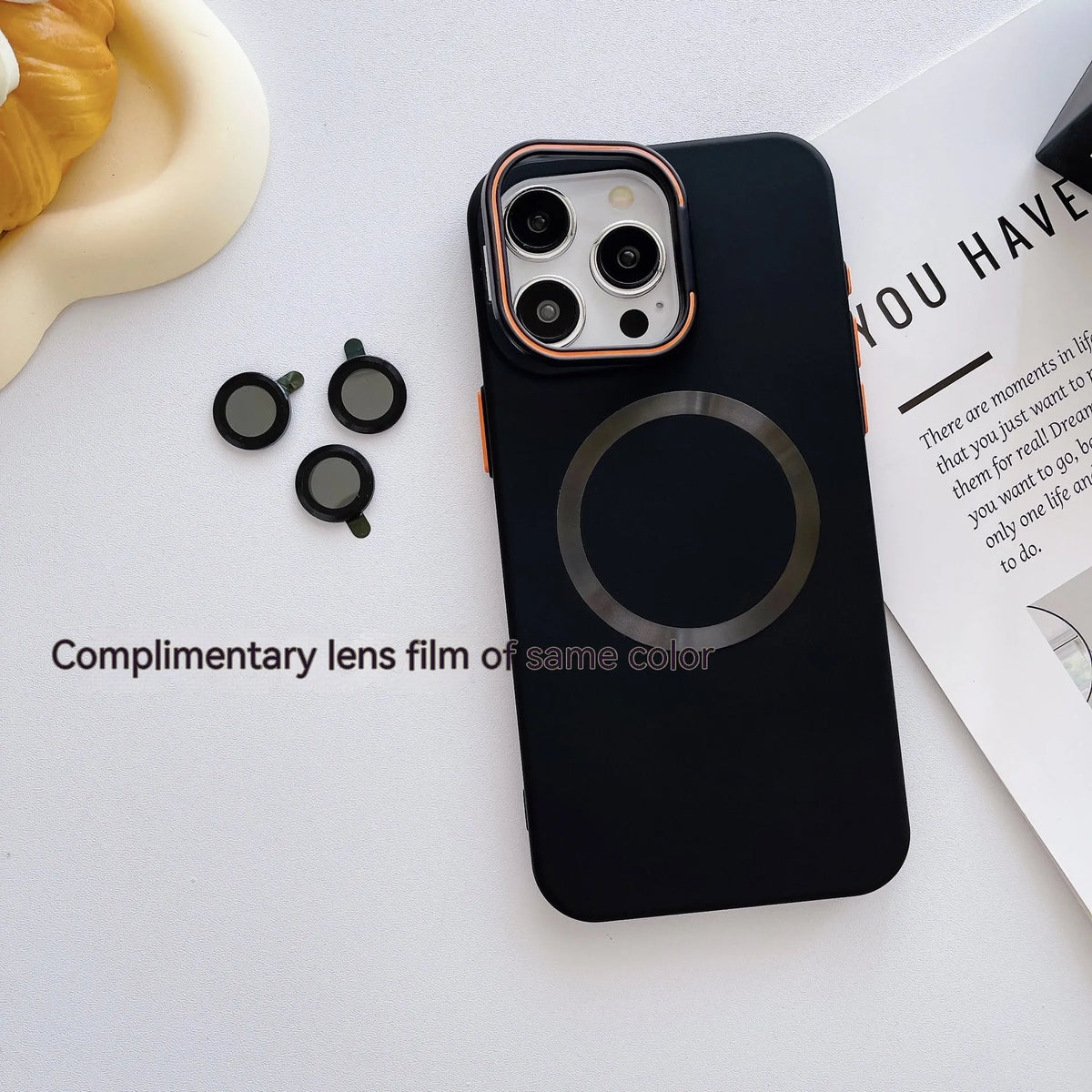 Frosted magnetic iPhone case with invisible bracket, shown in black, with lens protectors.