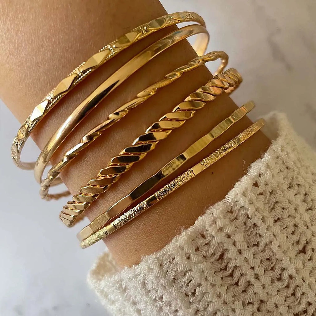 Gold tone bohemian metal chain bracelet set for women with geometric links and musical note bangles