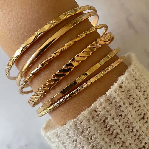 Gold tone bohemian metal chain bracelet set for women with geometric links and musical note bangles