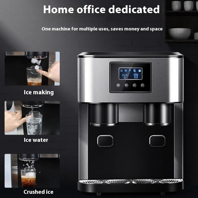 Black desktop ice maker with stainless steel accents on a kitchen countertop