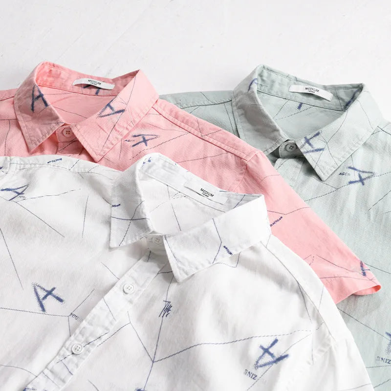 Pure cotton letter printed short sleeve shirt in white loose cardigan style front view