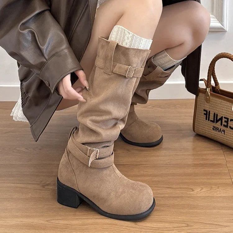 Khaki suede women's pleated pile boots with mid heel 3-5cm, rubber sole and waterproof platform