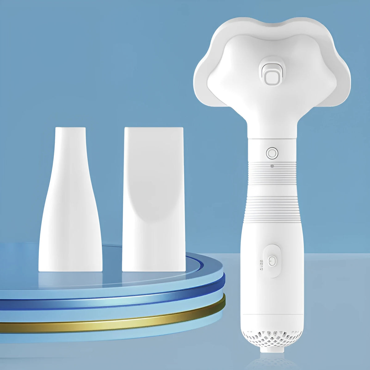 Two-in-one pet hot air hair dryer and comb in pink or white, 600W, ABS body, with one-click hair removal
