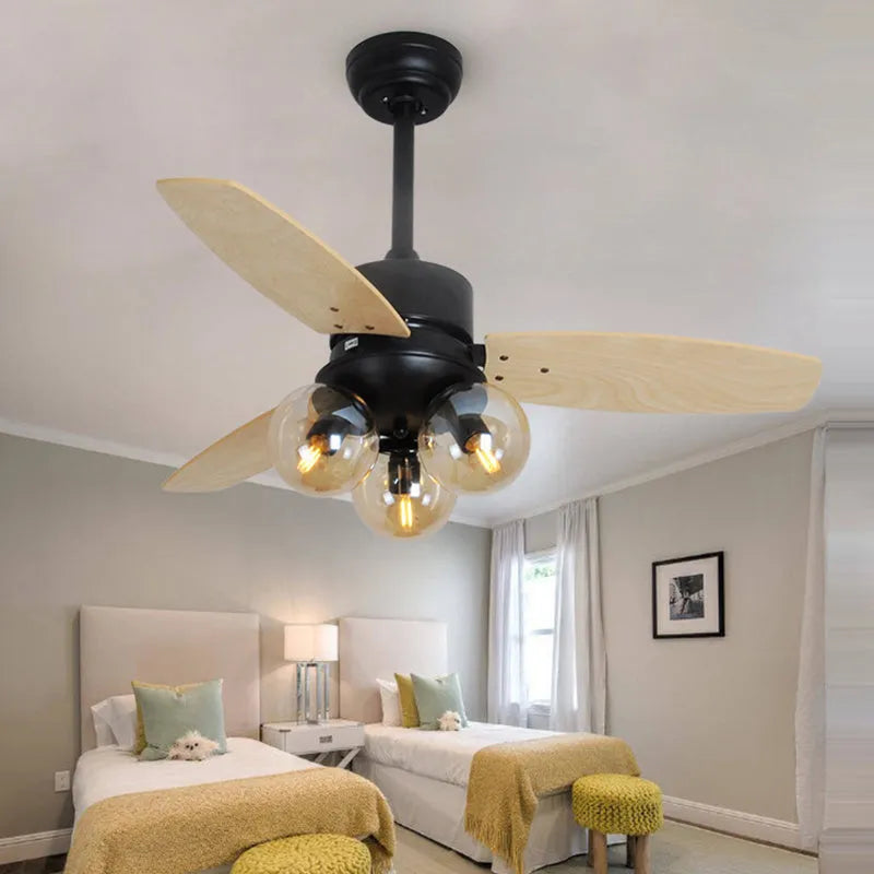 Ceiling fan light with wood blades and glass shade, 42 inch, available in black finish for living room use