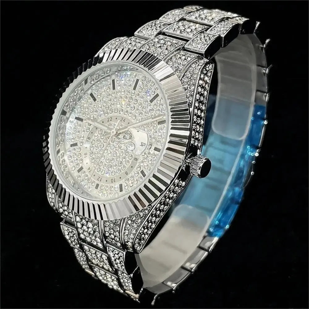 Silver full diamond night glow waterproof men's watch with 42mm dial and gold-plated strap on display