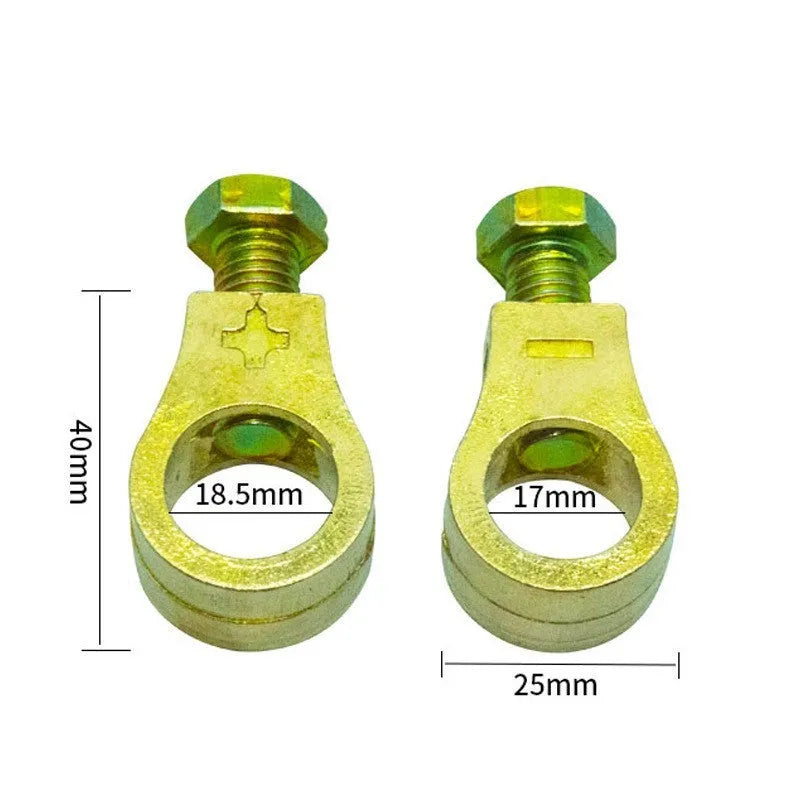 Solid copper battery terminal clamp with patented fastening clip for car battery connections.