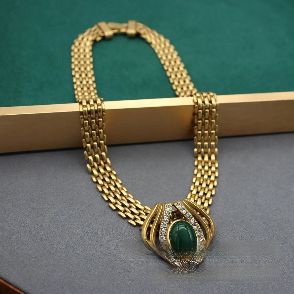 Handmade oval necklace with red and green agate inlay, copper pendant and Chopard-style chain
