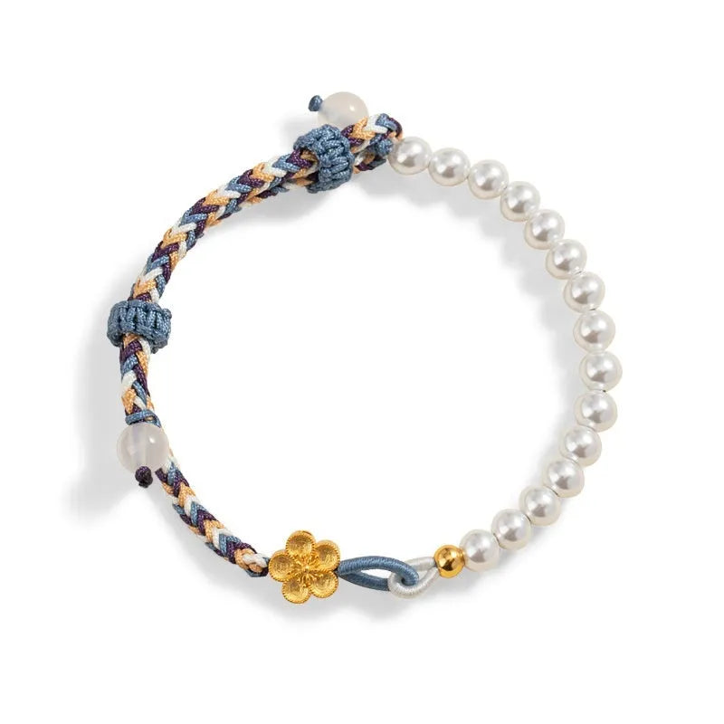 Sterling silver chalcedony carrying strap bracelet with Chinese flower weaving in peach colour