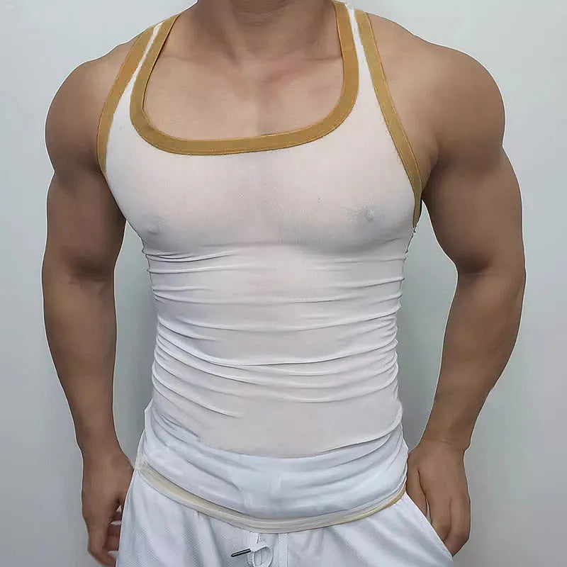 Men's white polyester mesh fitness vest with straight hem design for sports training