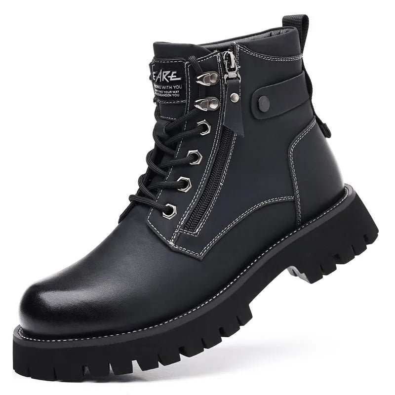 Men's brown leather high-top boots with side zipper and round toe