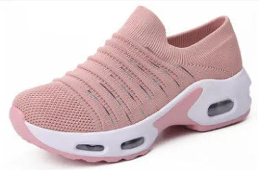 Plus size fly-knit socks shoes with mesh upper in multiple colour options showing round toe design