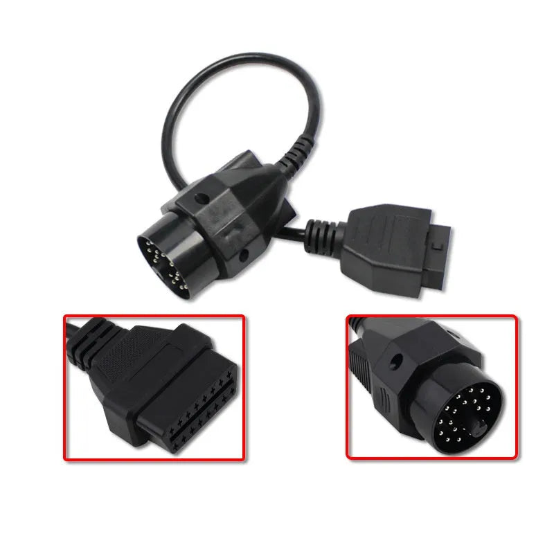 OBD2 adapter cable with black BMW 20-pin male connector and standard 16-pin female OBD2 connector