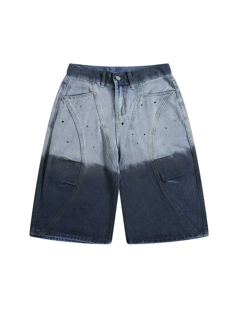Blue tie-dye gradient washed-out cropped jeans with loose fit and mid waist
