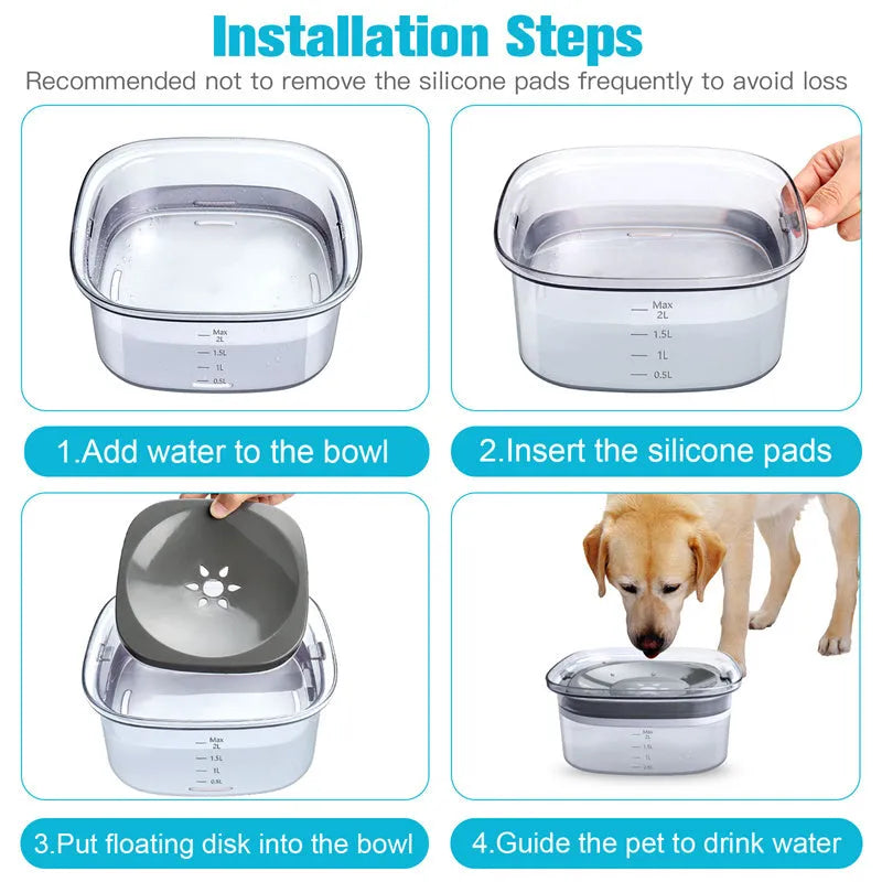 Transparent 2 litre dog water bowl with floating disk and visible water level