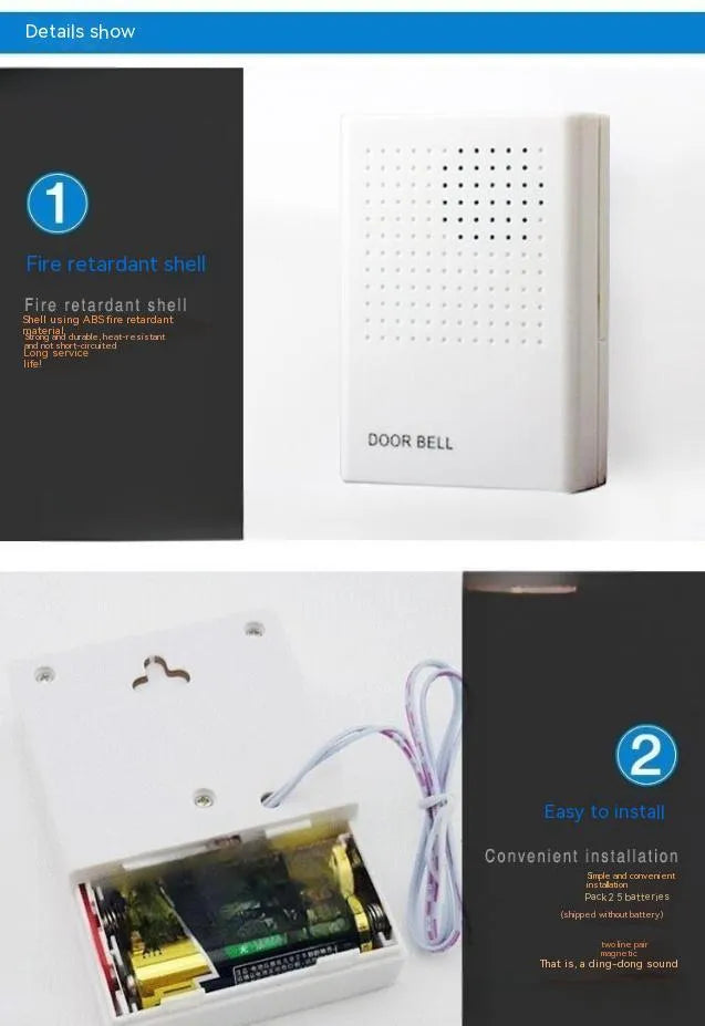 White wired dingdong doorbell 87x62x23mm on a wooden door frame
