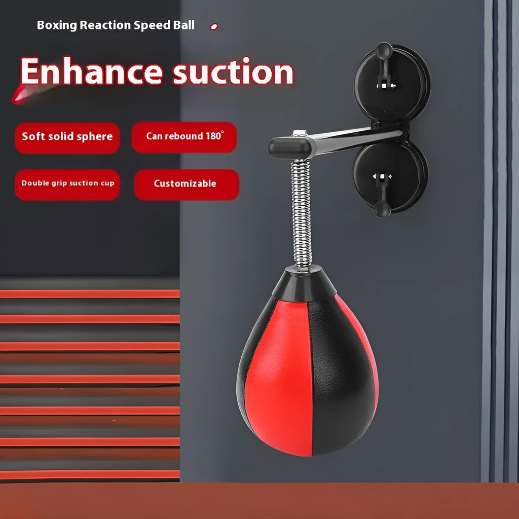 PU pear-shaped hanging boxing speed ball with elastic cord and red/black ball head, shown with pump and mounting accessories.
