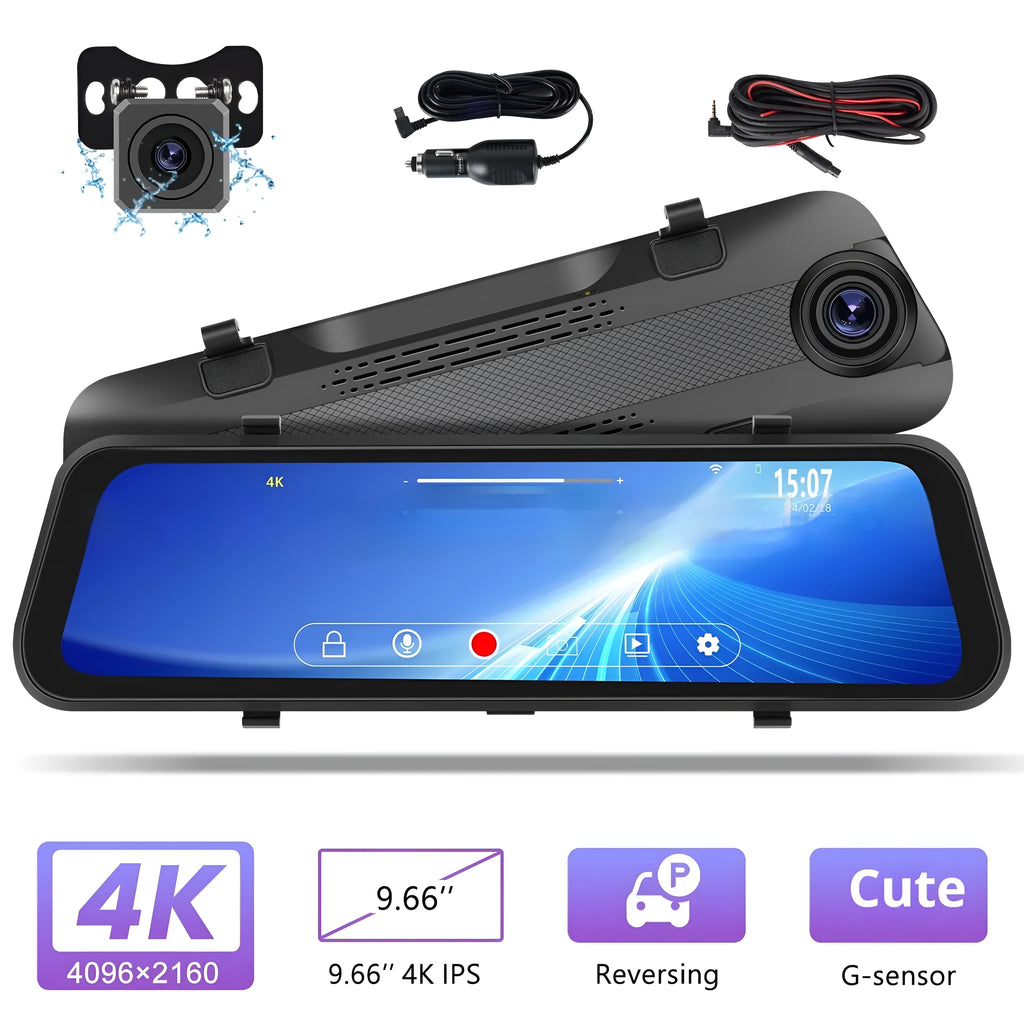 Streaming media rearview mirror dash cam with 9.66 inch IPS touch screen and dual camera system