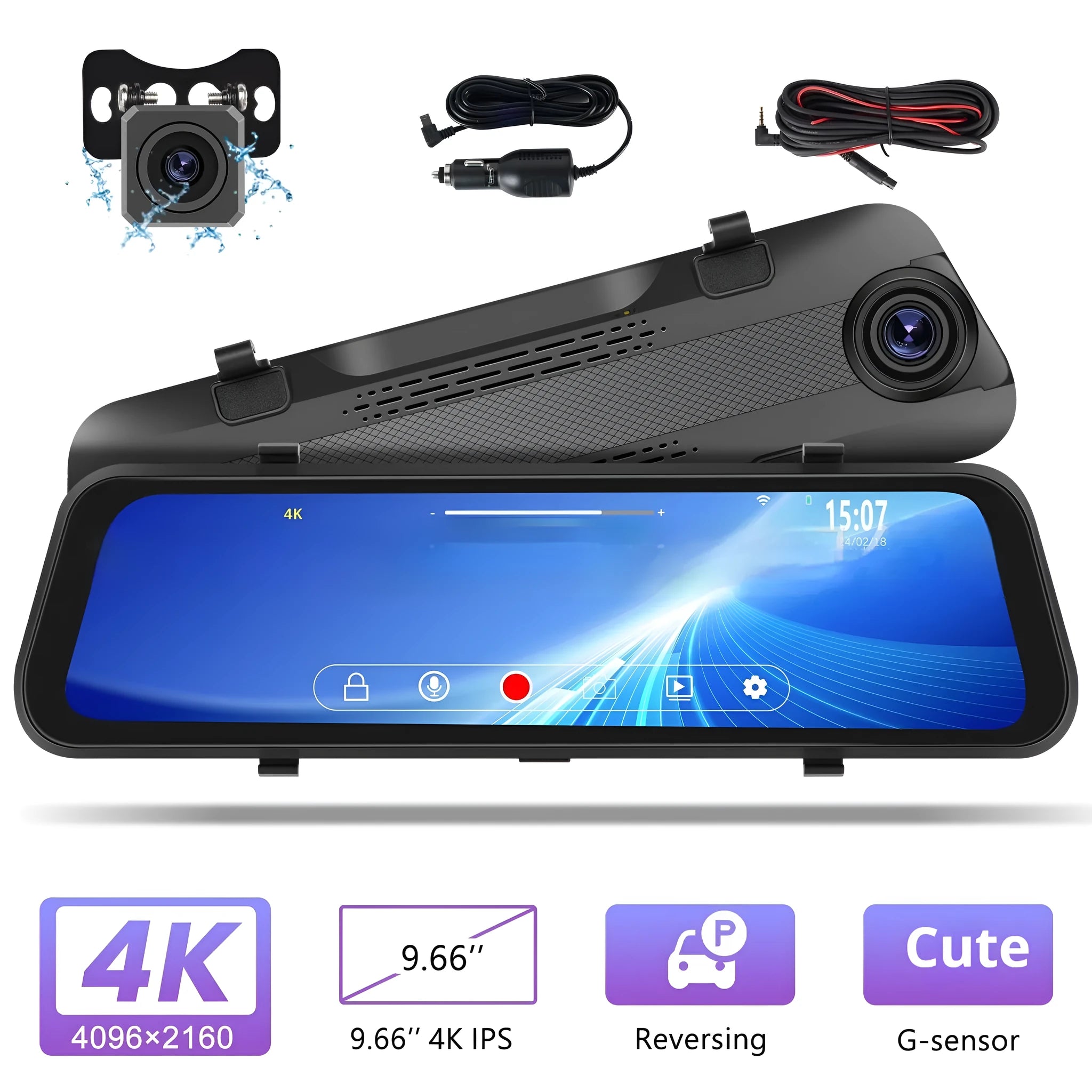 Streaming media rearview mirror dash cam with 9.66 inch IPS touch screen and dual camera system