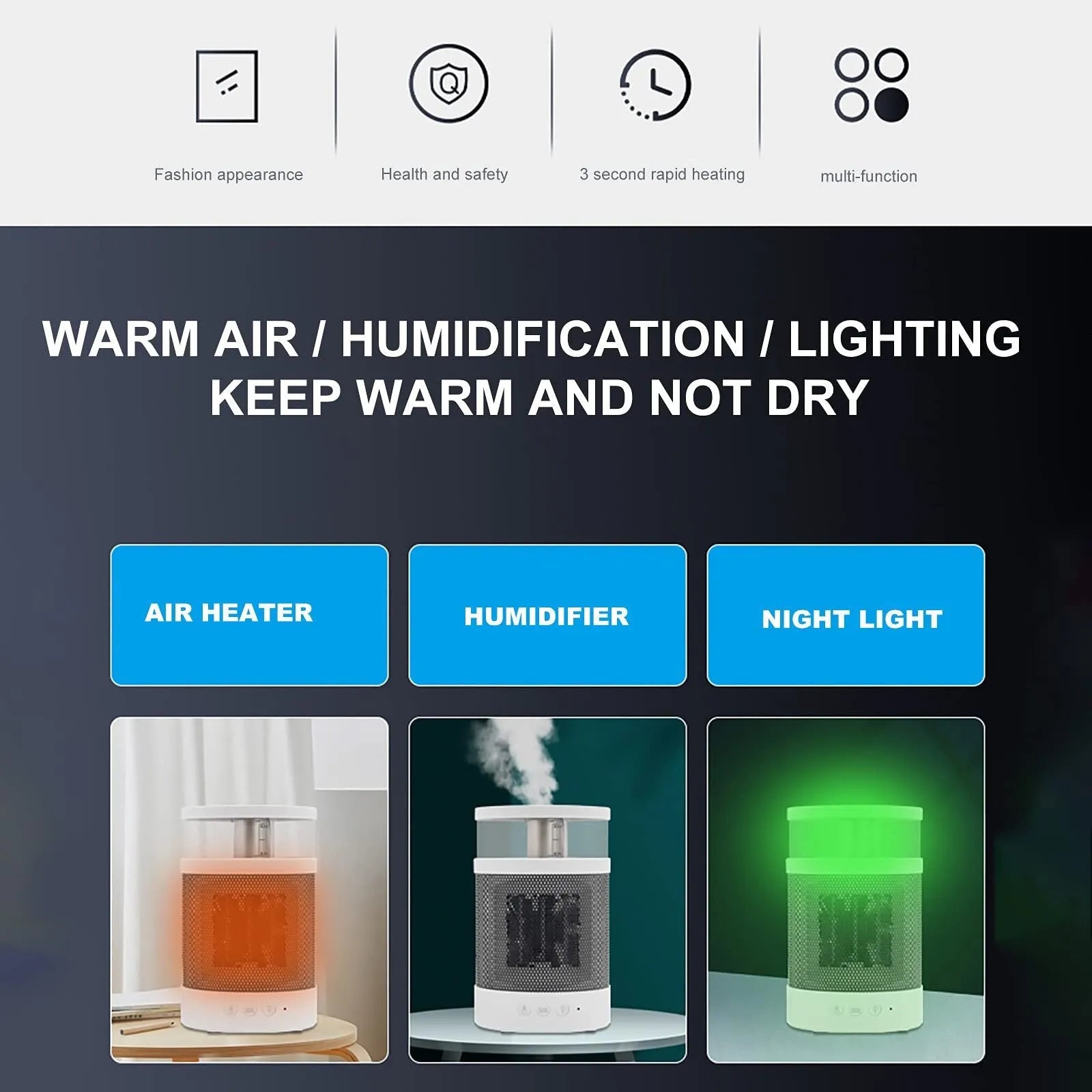 White 3-in-1 space heater with humidifier and night light on a desk